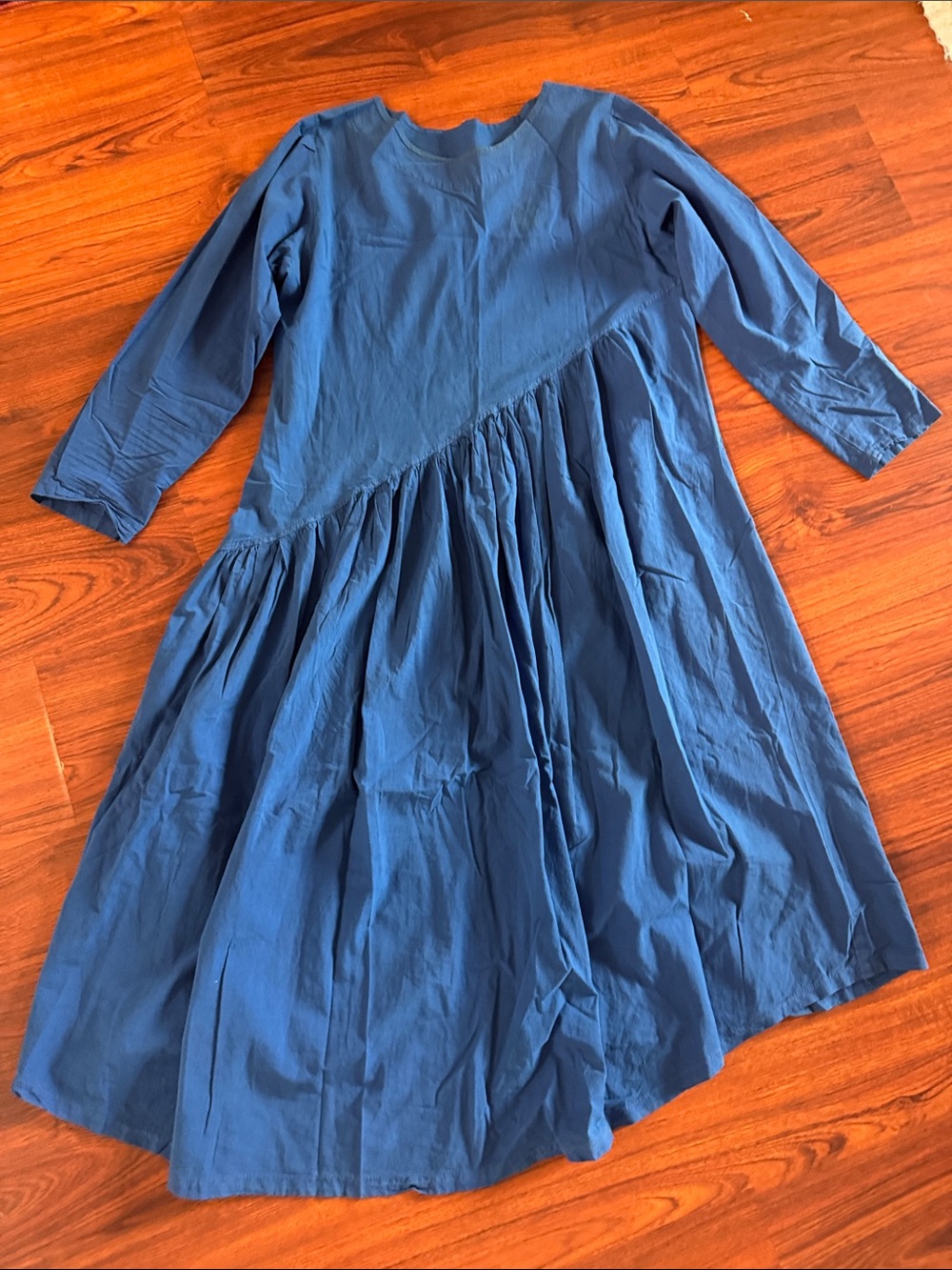 Blue Long Sleeve Ruffled Hem Dress